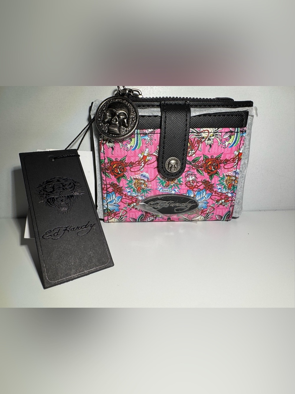 Ed Hardy Pink Floral Compact Wallet with Black Trim and Skull Charm